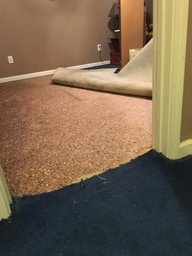 Carpet pad removal revealing water damage during Water Mitigation Services in West Richland